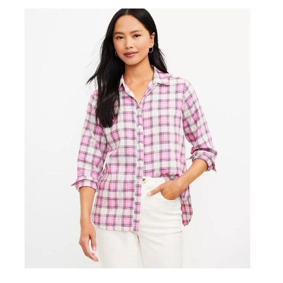 LOFT Tops - Loft Pink Petite Plaid Everyday Button Down